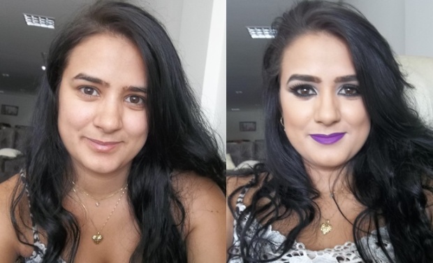 maquiagem batom roxo antes e depois